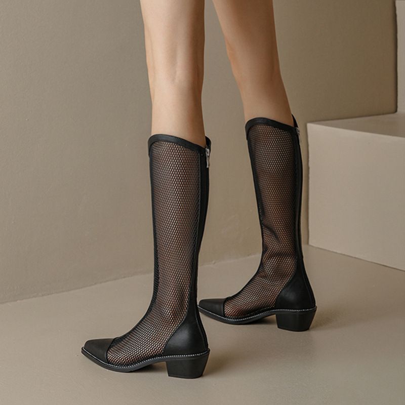 Women Mesh Long Boots Chunky Heel Hollow Black 37 view 5