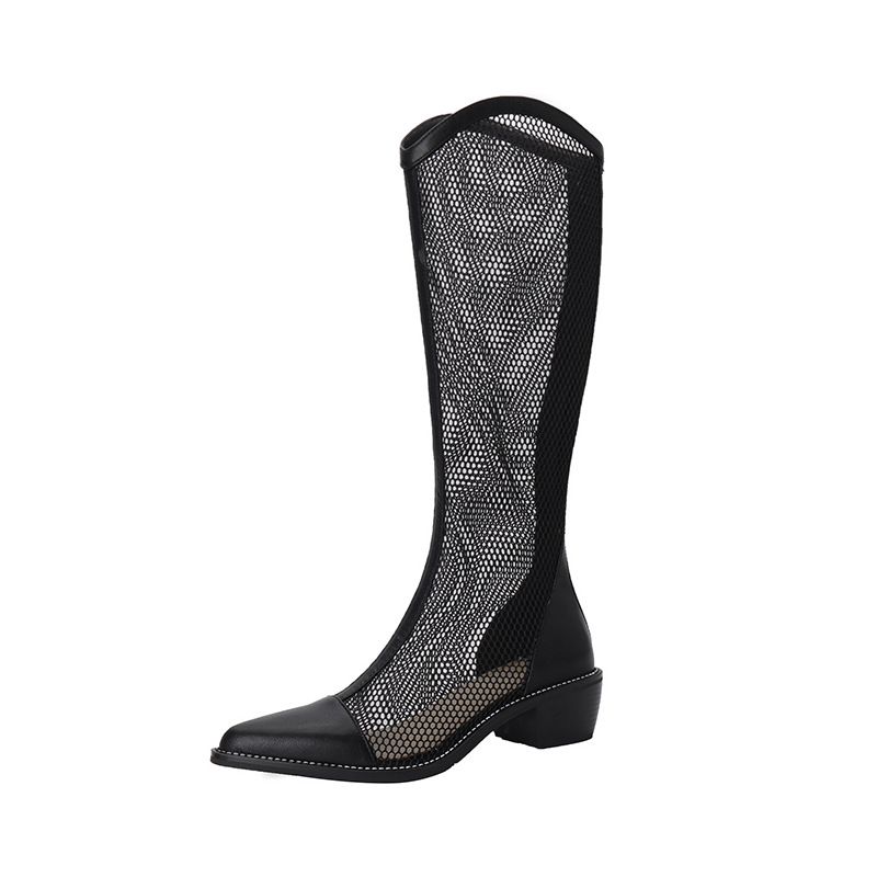 Women Mesh Long Boots Chunky Heel Hollow Black 39 — image 1
