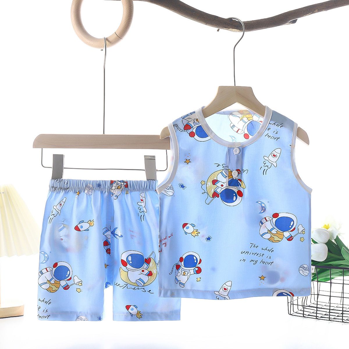 Tong Xinyuan Kids Cotton Silk Vest Set Shorts (Blue) Outer Space Man Cotton