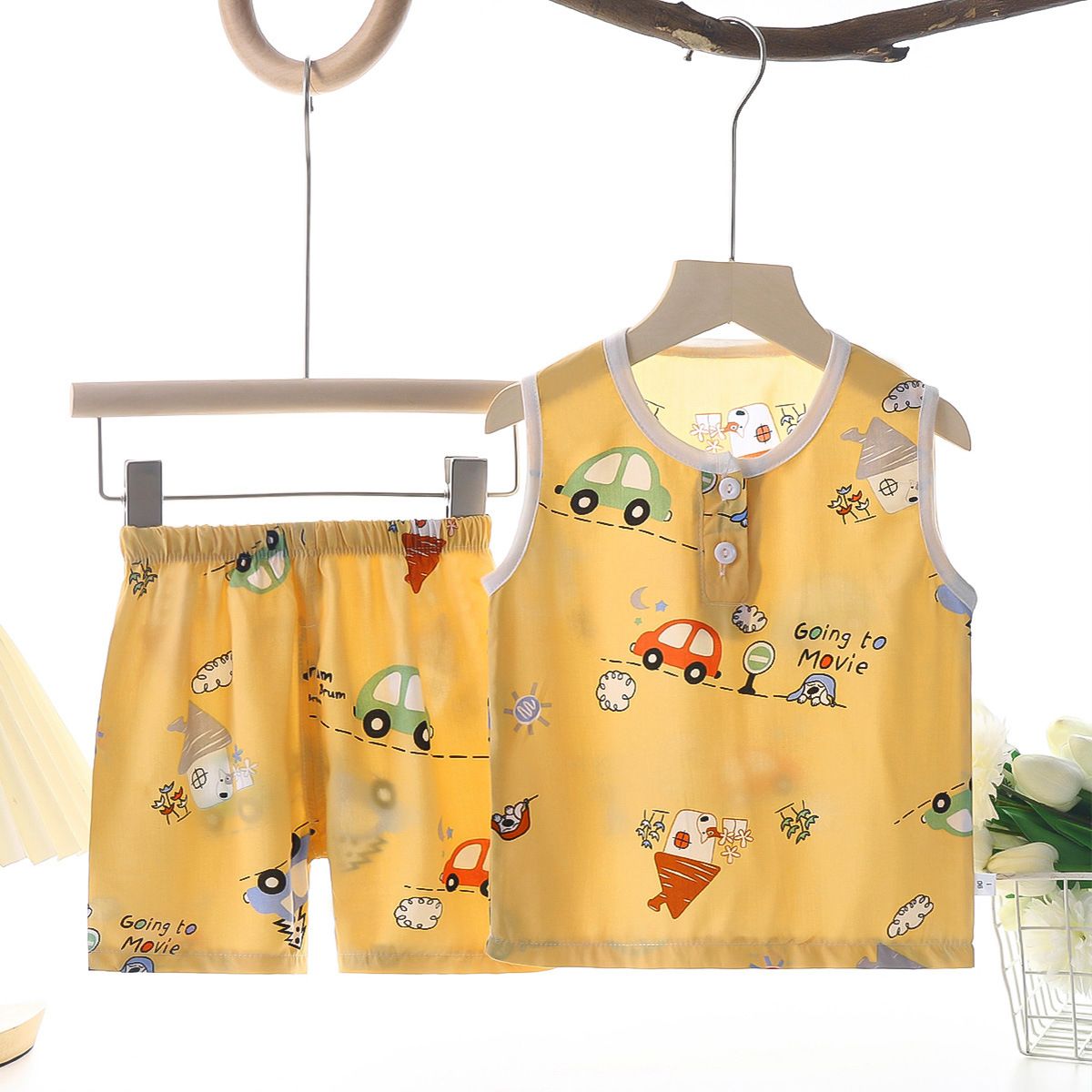 Tong Xinyuan Kids Cotton Silk Vest Set Shorts (Yellow) Car Cotton Silk Vest
