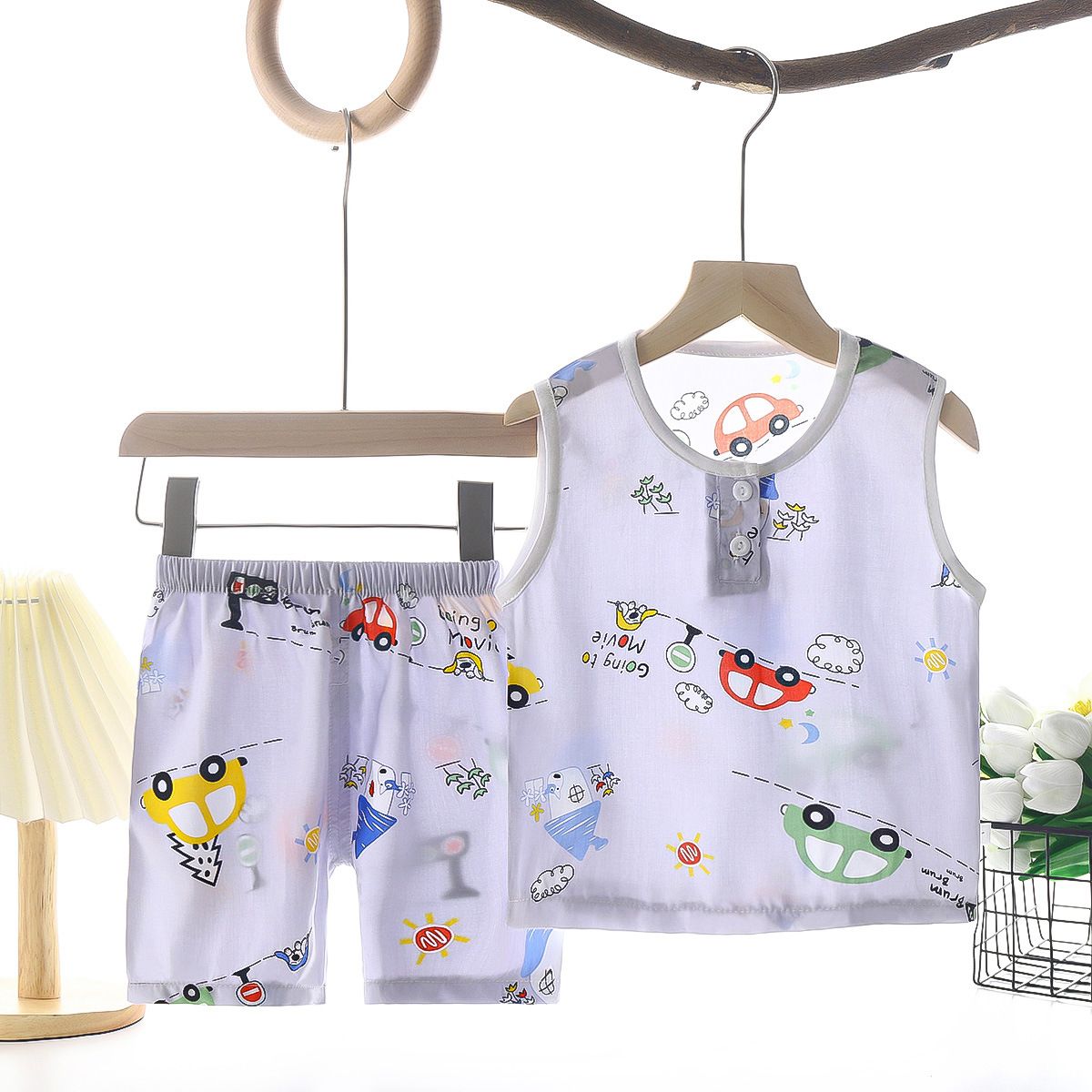 Tong Xinyuan Kids Cotton Silk Vest Set Shorts (Gray) car cotton silk vest set