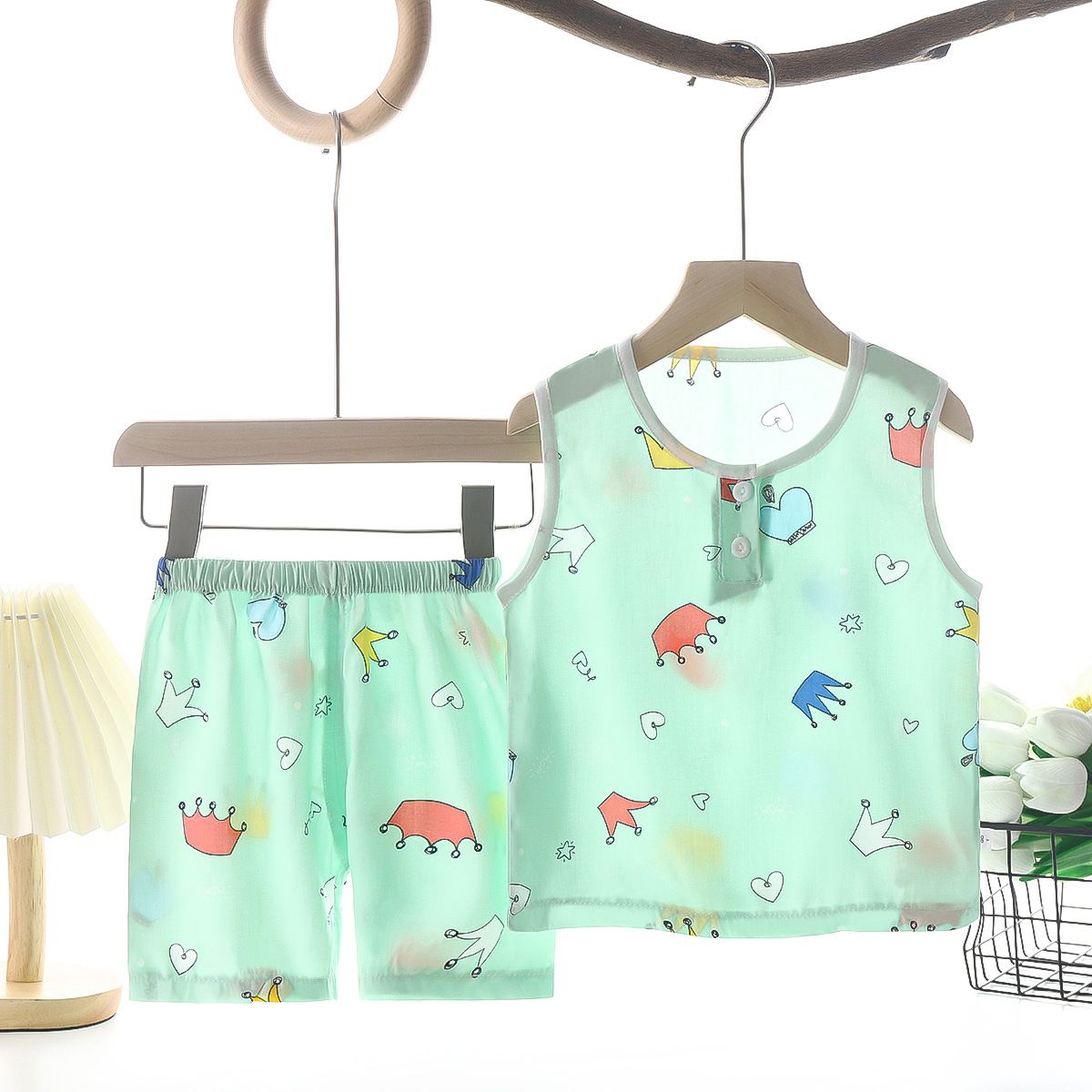 Tong Xinyuan Kids Cotton Silk Vest Set Shorts (Light Blue) Crown Cotton Vest
