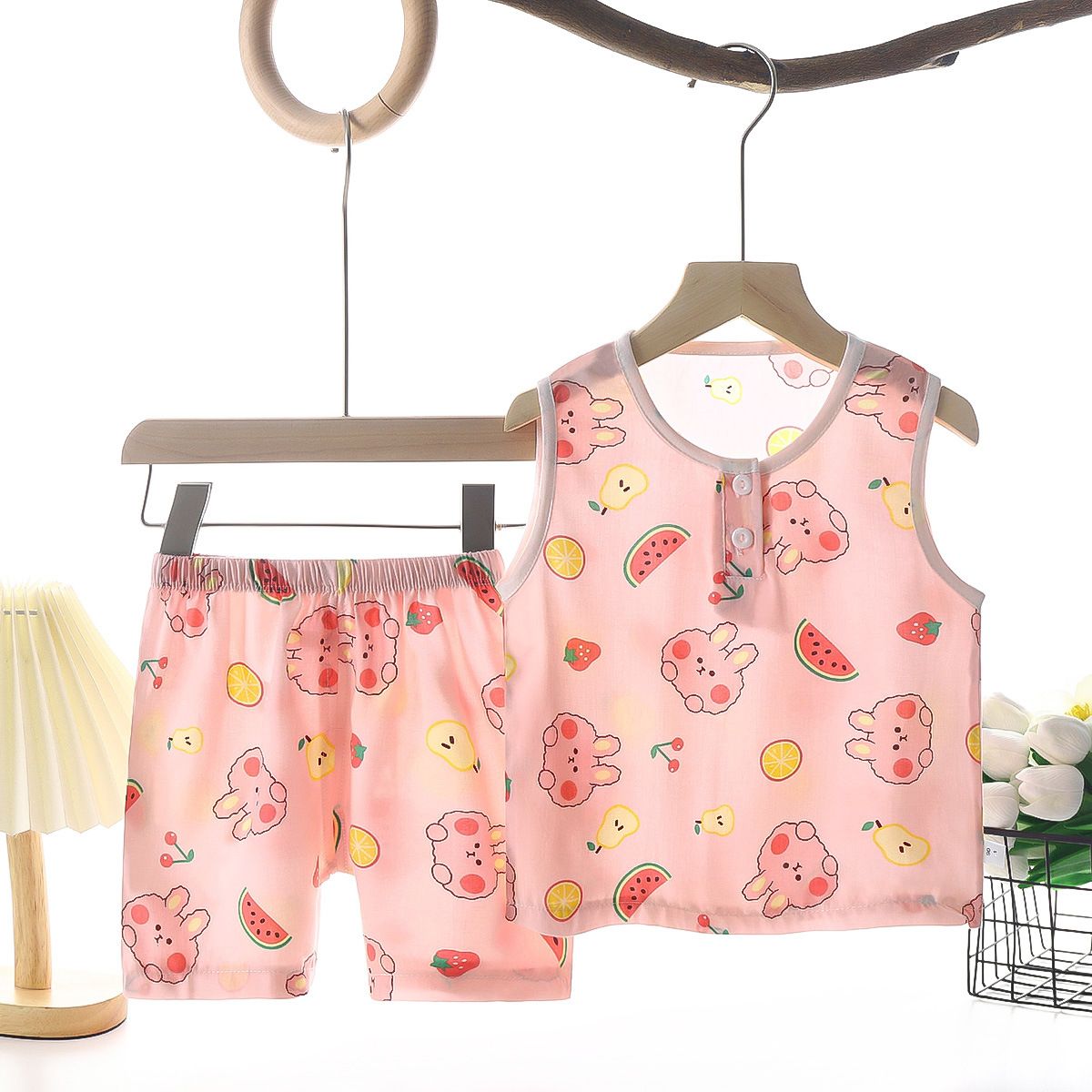 Tong Xinyuan Kids Cotton Silk Vest Set Shorts (Pink) Watermelon Cotton Vest