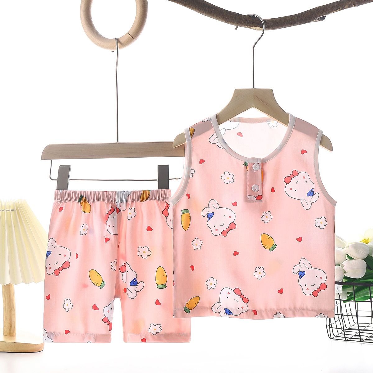 Tong Xinyuan Kids Cotton Silk Vest Set Shorts (Pink) Rabbit Radish Silk Vest