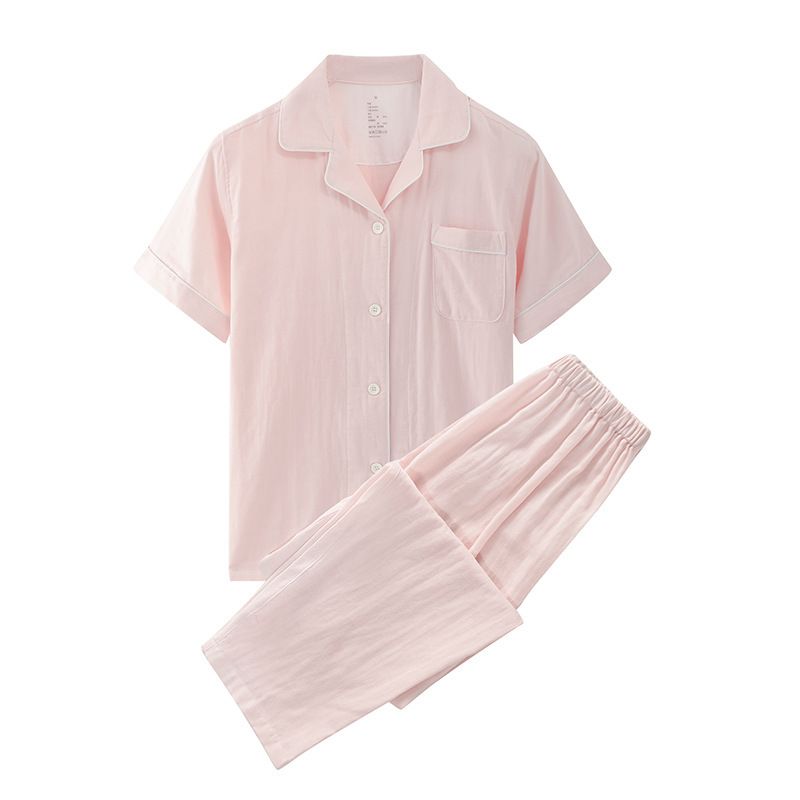 Cotton Short Sleeve Japanese Leisure Sleep Shorts Set Women's Pink Solid