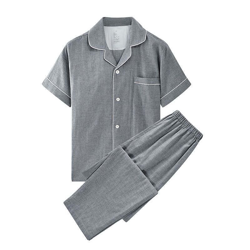 Cotton Short Sleeve Japanese Leisure Sleep Shorts Set Men's Pure Color