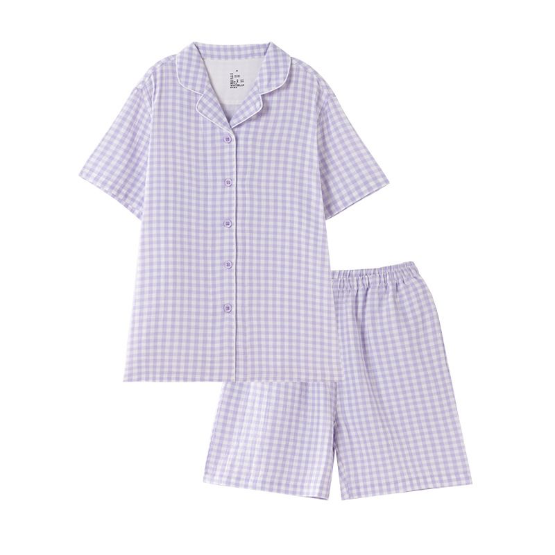 Cotton Short Sleeve Japanese Leisure Sleep Shorts Set Women's linen gray view 4