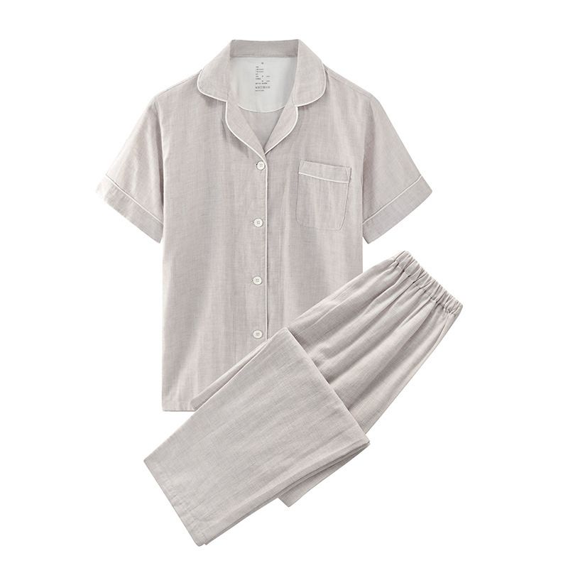 Cotton Short Sleeve Japanese Leisure Sleep Shorts Set Women's milk tea solid