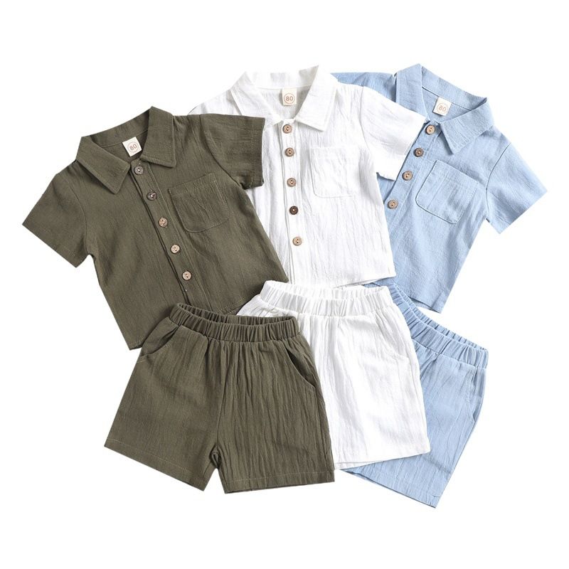 Boys Cotton Linen Polo 2-Piece Set Summer Short Sleeve White 80cm view 2