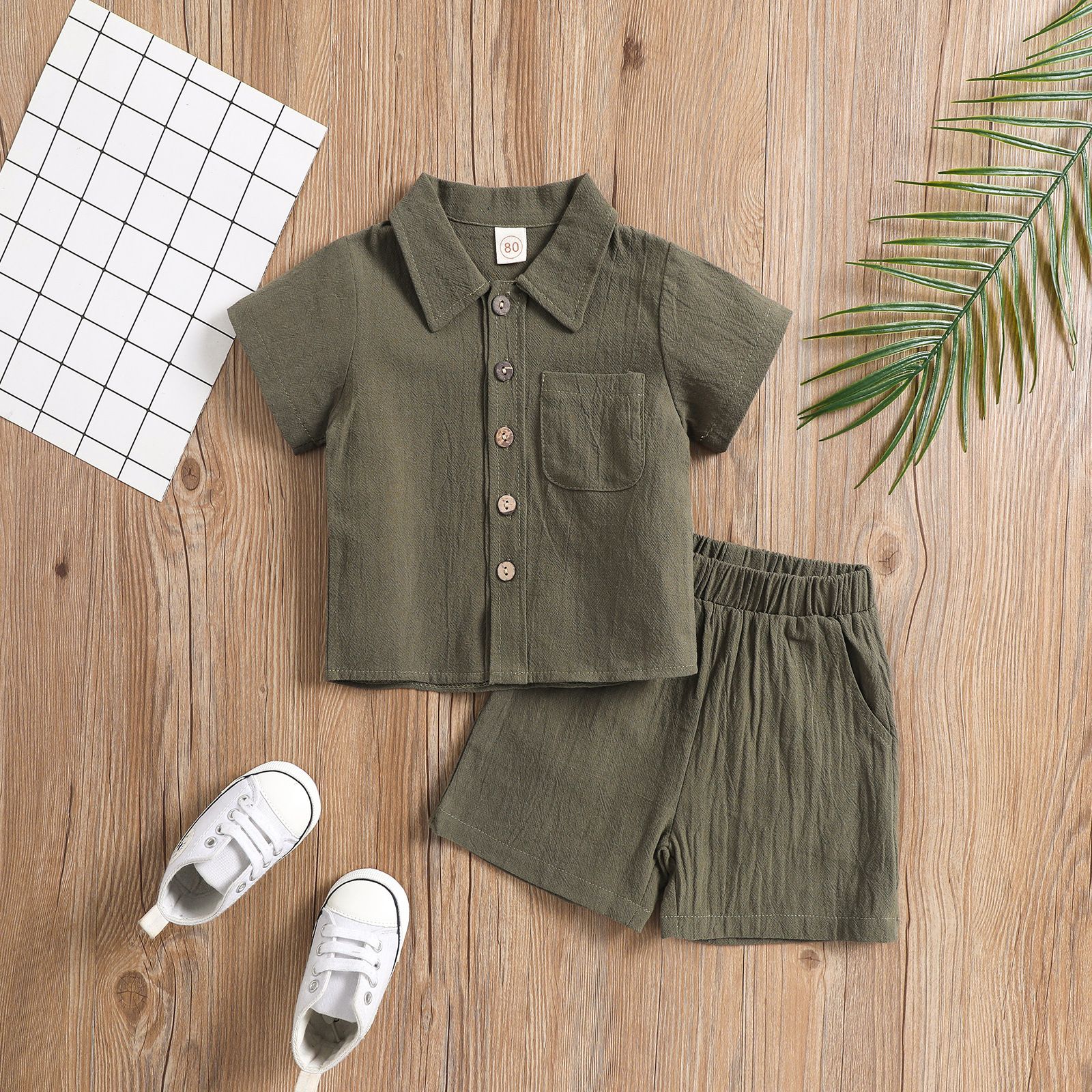 Boys Cotton Linen Polo 2-Piece Set Summer Short Sleeve White 80cm view 5