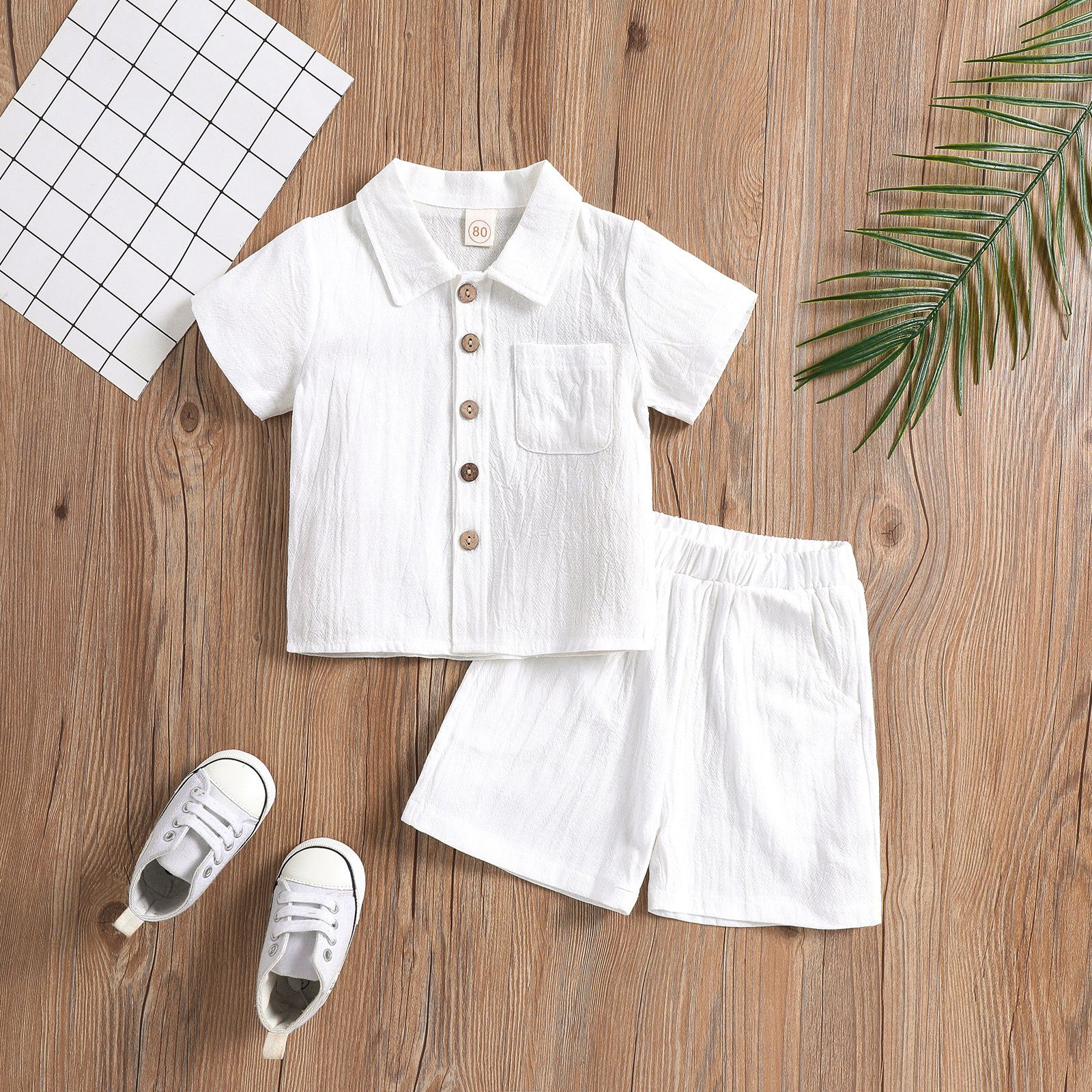 Boys Cotton Linen Polo 2-Piece Set Summer Short Sleeve White 90cm