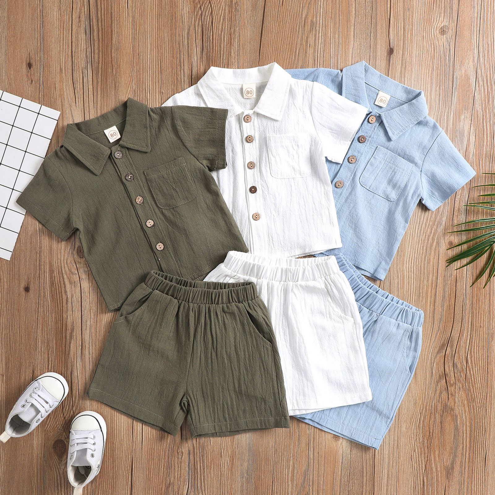 Boys Cotton Linen Polo 2-Piece Set Summer Short Sleeve Light Blue 90cm view 3