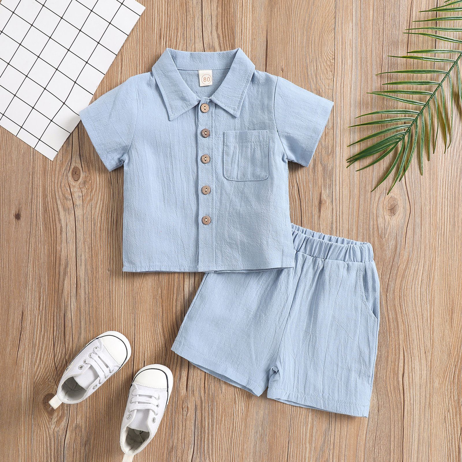 Boys Cotton Linen Polo 2-Piece Set Summer Short Sleeve Light Blue 120cm