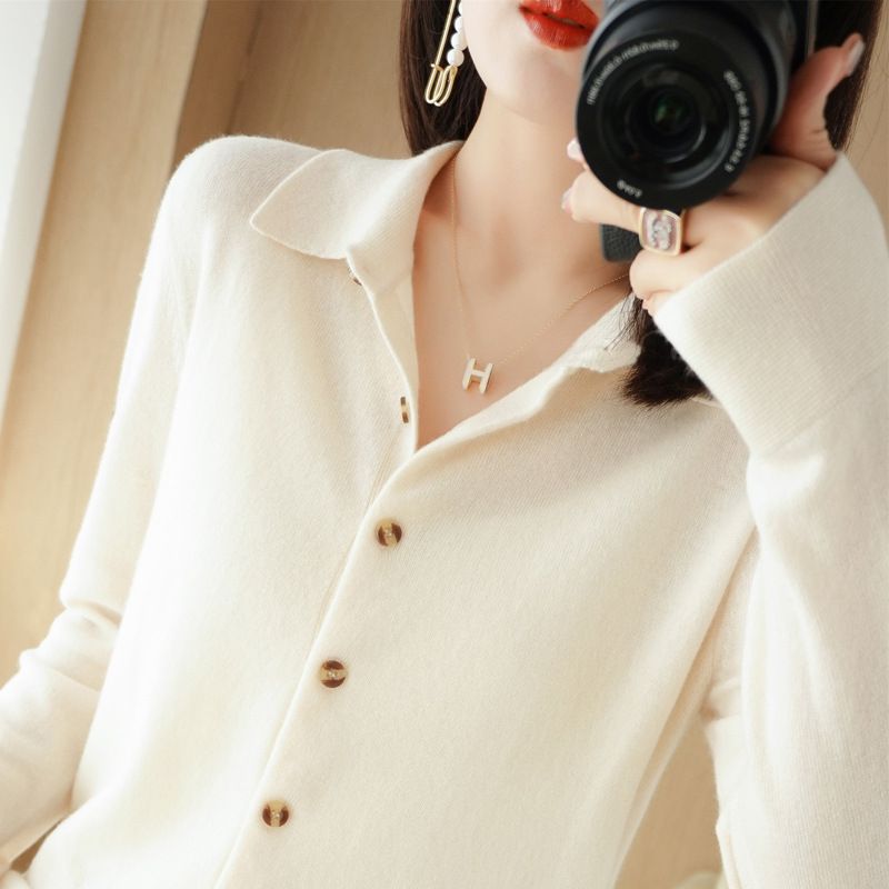 Women Knitted Cardigan Sweater Yi Yu Nuo Polo Collar Beige XL Size: XL