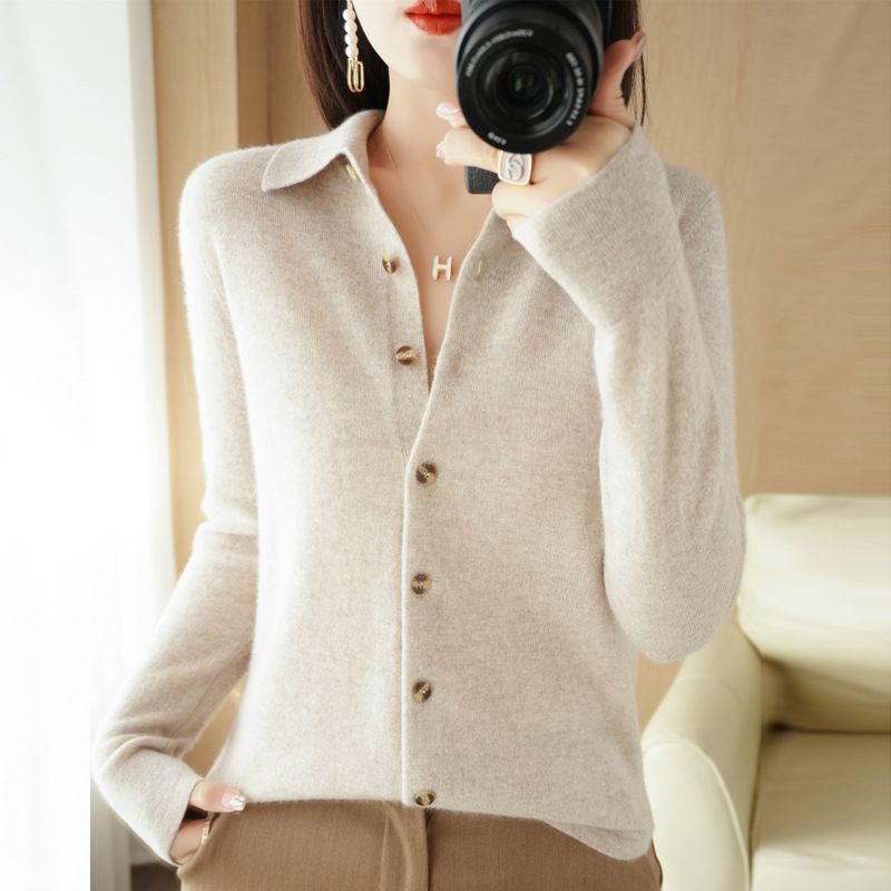 Women Knitted Cardigan Sweater Yi Yu Nuo Polo Collar Beige XL Size: XL view 5