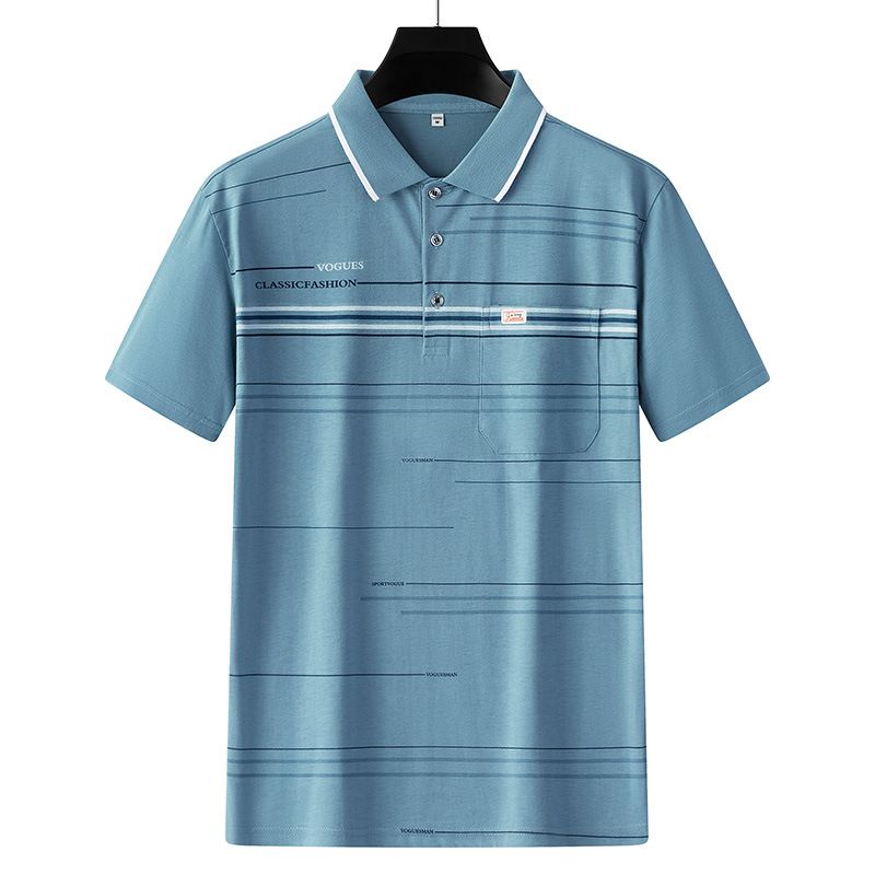 Men Summer Cotton Polo Shirt Loose Breathable B010 light blue