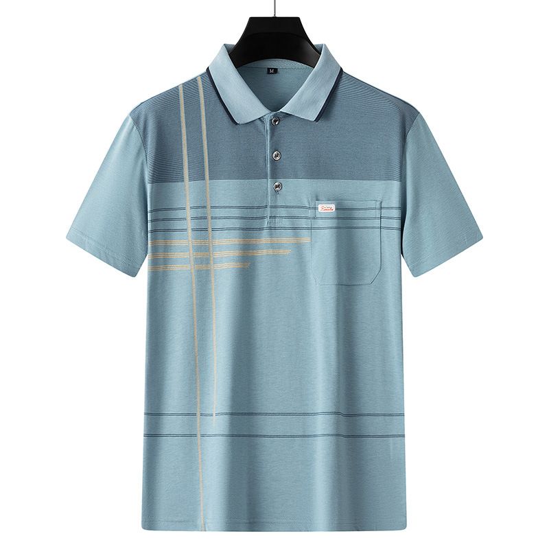 Men Summer Cotton Polo Shirt Loose Breathable B005 Light Blue
