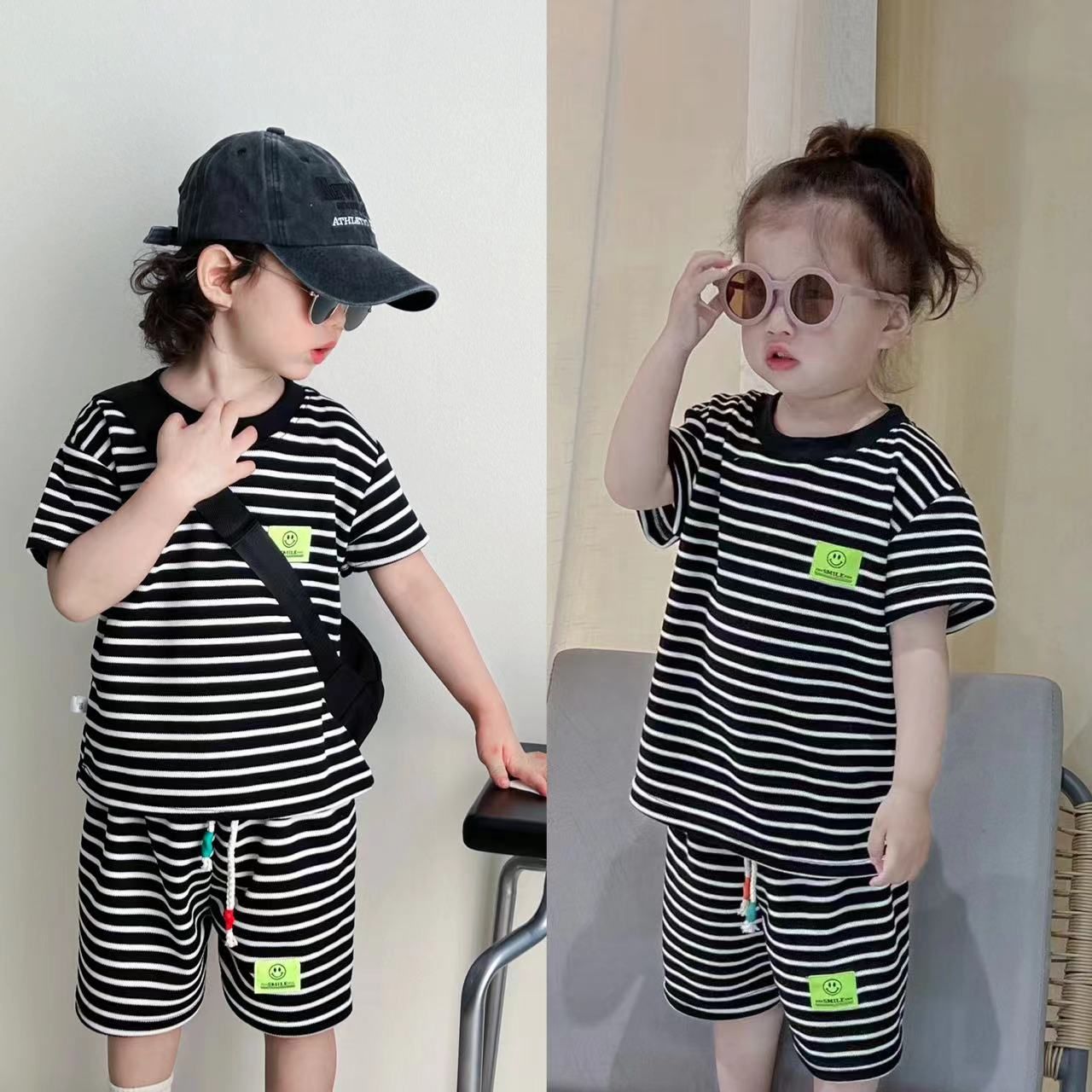 Kunxi Beibei Boys Girls Summer Striped T-Shirt... Korean-style black striped view 3