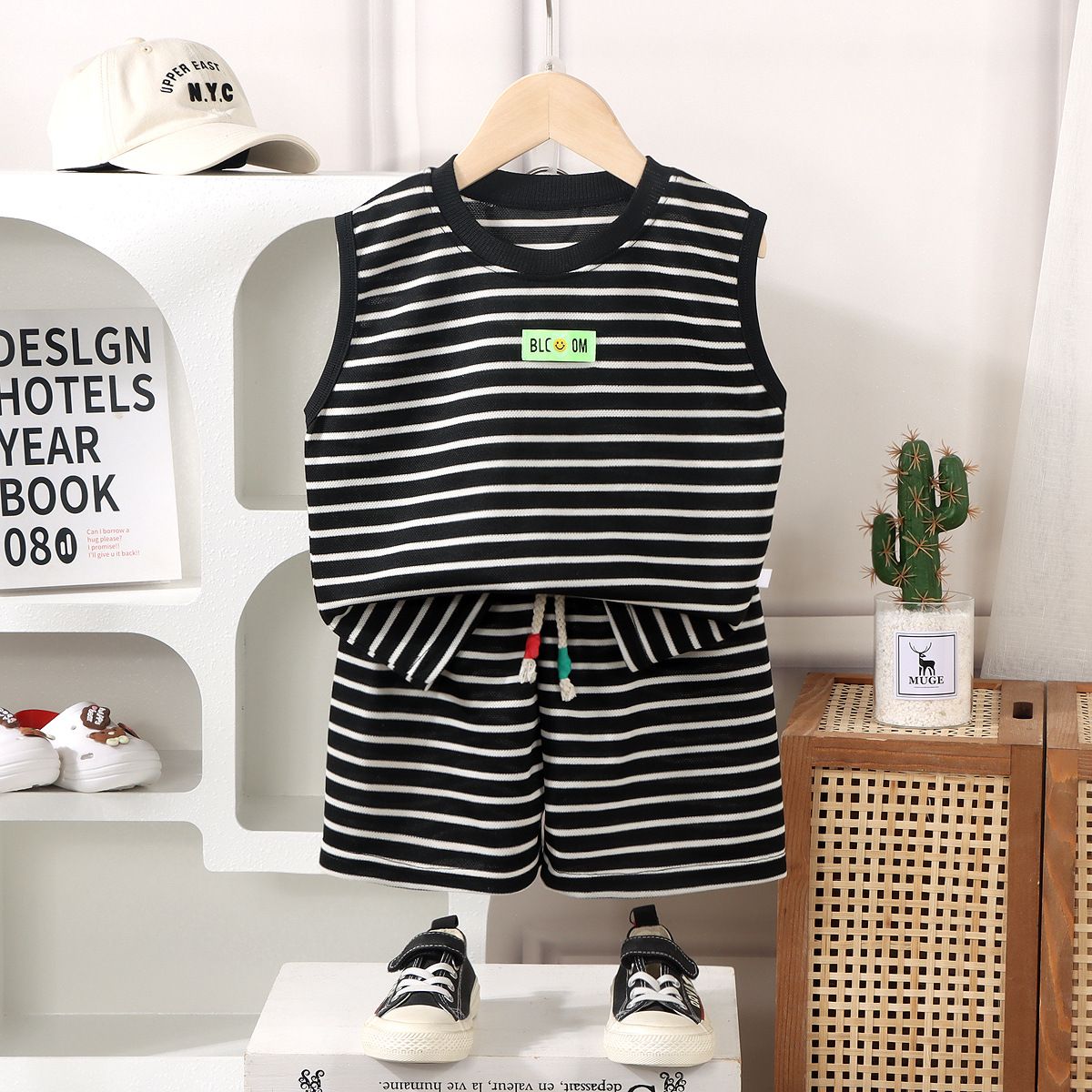 Kunxi Beibei Boys Girls Summer Striped T-Shirt... Han Fan White Stripe Suit 100cm view 6