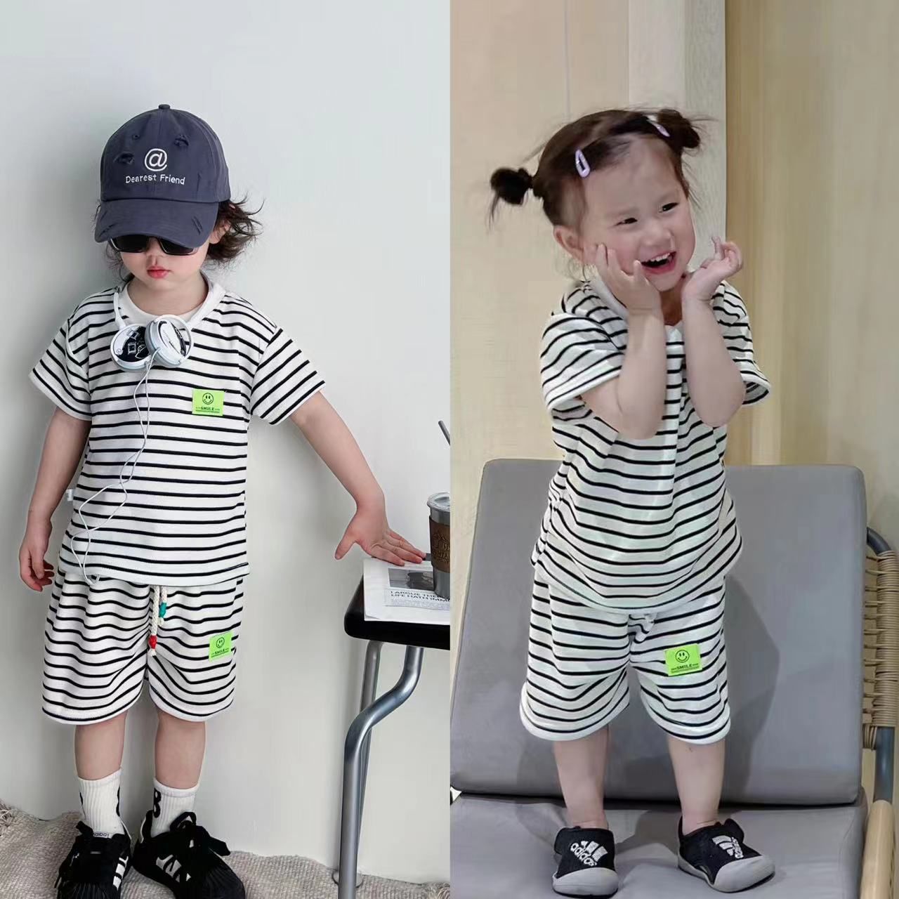 Kunxi Beibei Boys Girls Summer Striped T-Shirt... Han Fan White Stripe Suit 110cm view 4