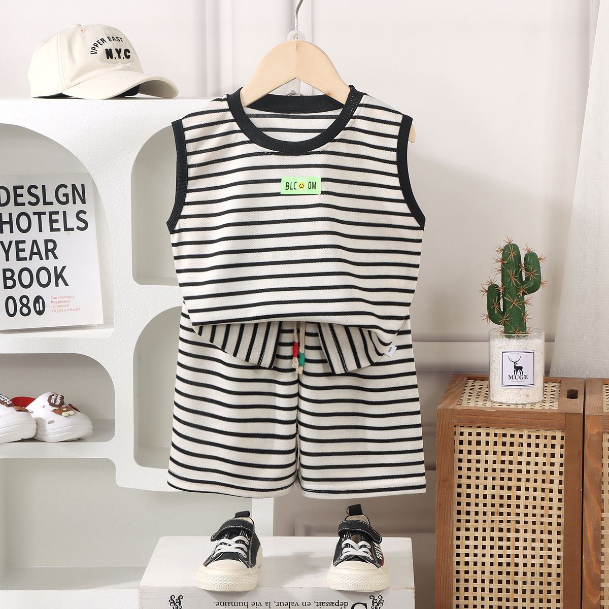 Kunxi Beibei Boys Girls Summer Striped T-Shirt... Han Fan White Stripe Suit 130cm view 5
