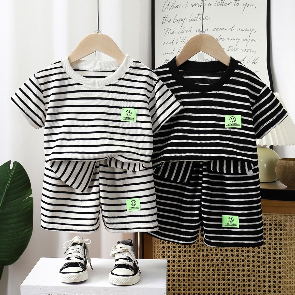 Kunxi Beibei Boys Girls Summer Striped T-Shirt... Han Fan White Stripe Suit 150cm