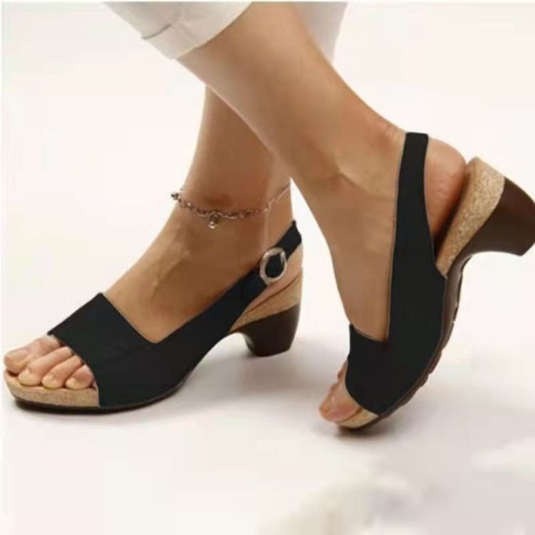 Women Chunky Heel Sandals Buckle Strap PU Rubber Khaki 42 view 2