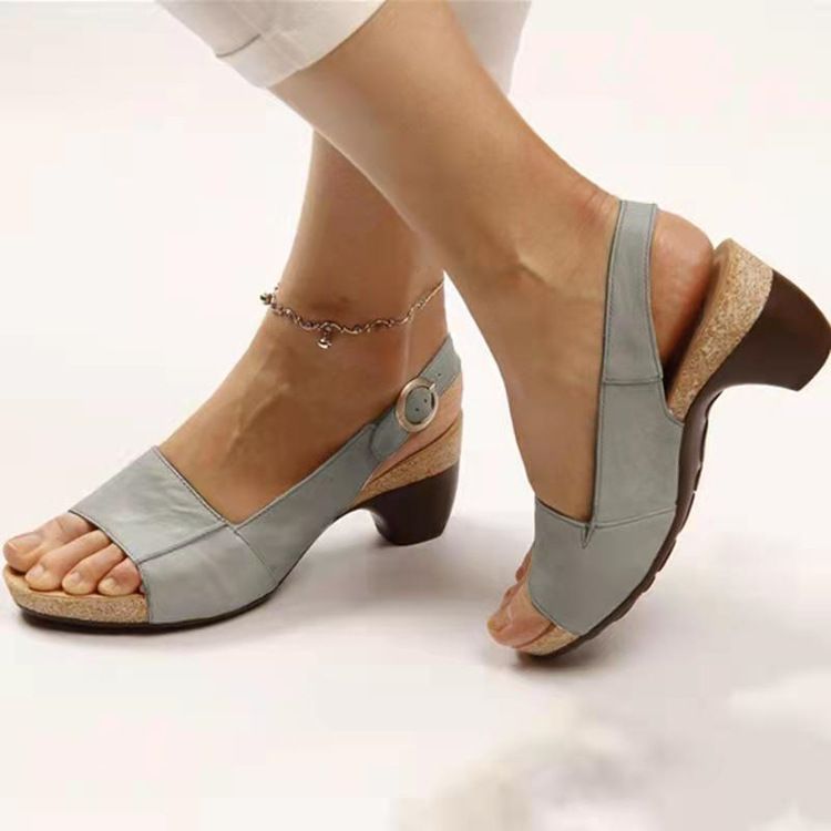 Women Chunky Heel Sandals Buckle Strap PU Rubber Khaki 42 view 4