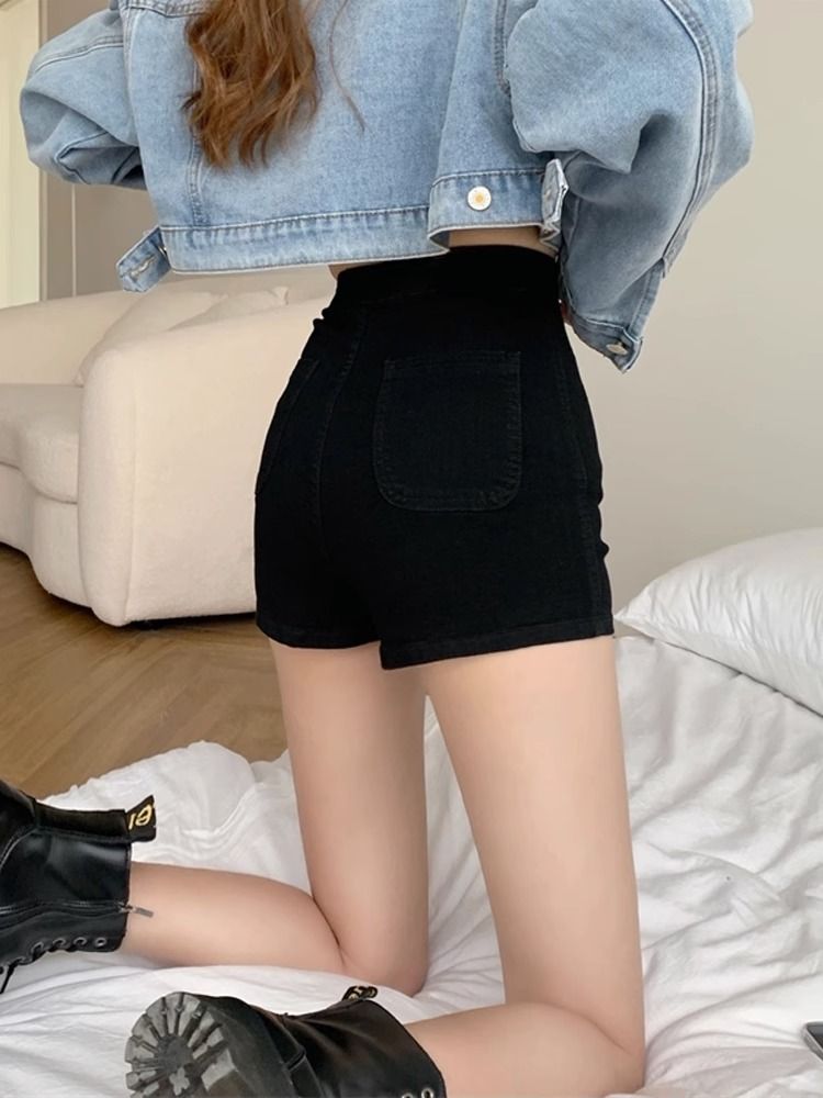 ACEKEO Black Denim Shorts High Waist Polyester view 2