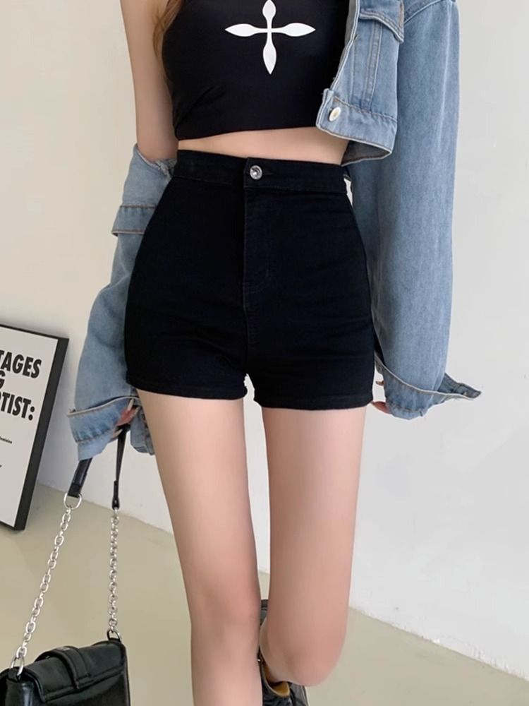 ACEKEO Black Denim Shorts High Waist Polyester view 4
