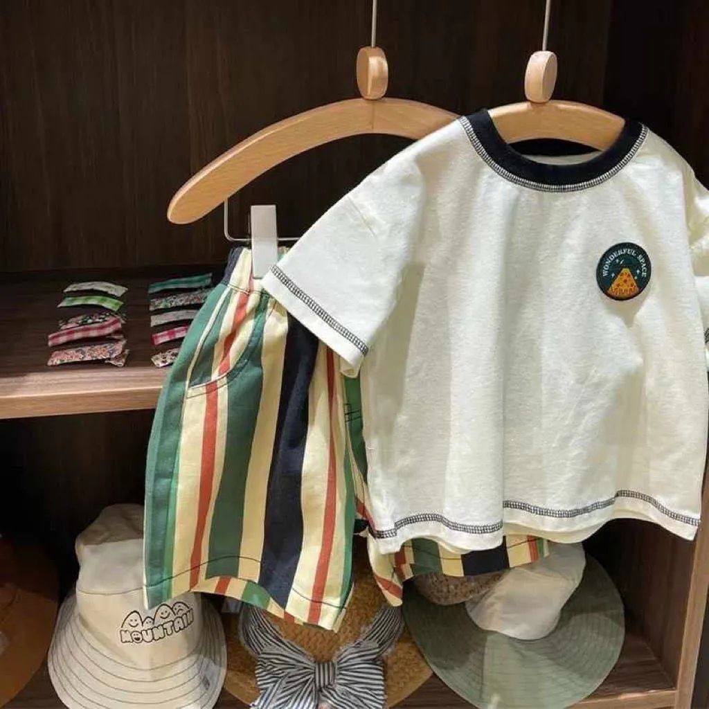 Yeon Bei Man Boys Cotton 2-Piece Summer Short Sleeve White T-shirt + striped