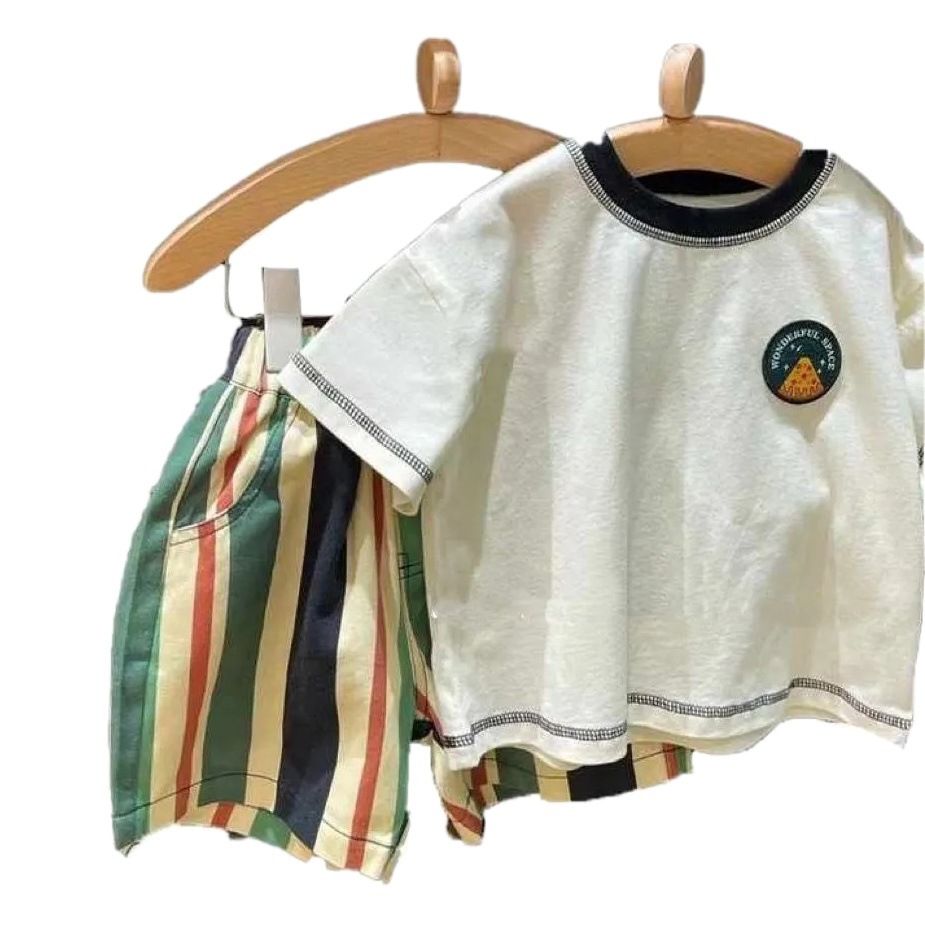 Yeon Bei Man Boys Cotton 2-Piece Summer Short Sleeve White T-shirt + striped view 2
