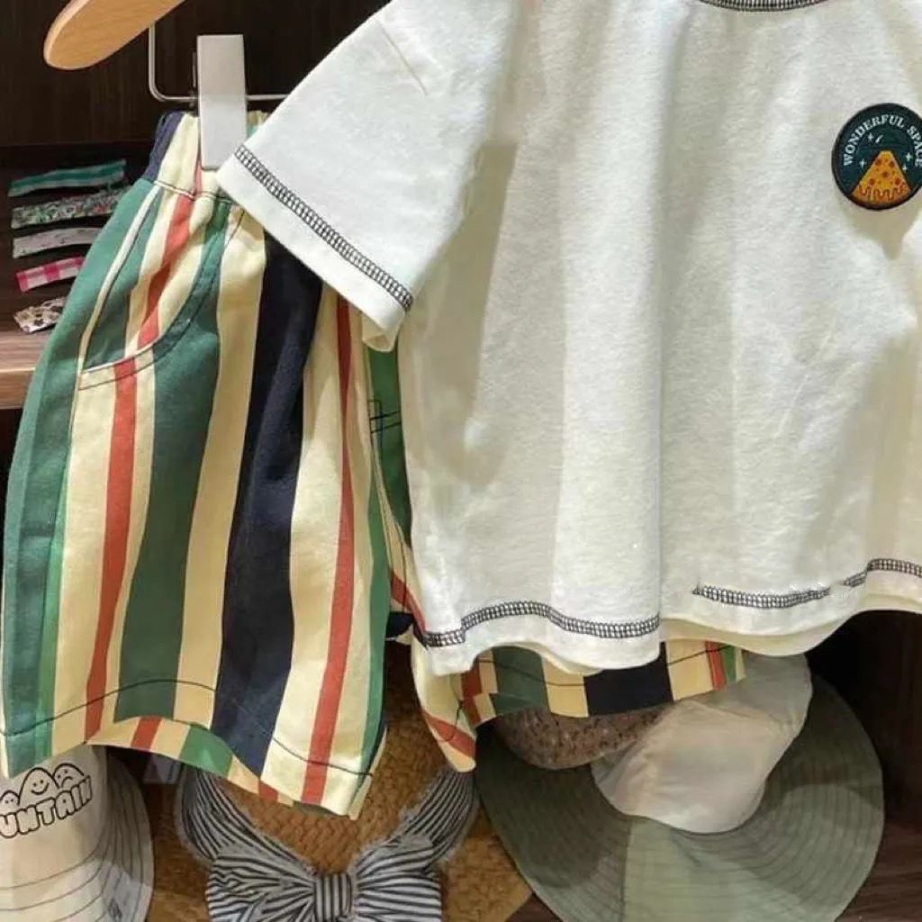Yeon Bei Man Boys Cotton 2-Piece Summer Short Sleeve White T-shirt + striped view 5