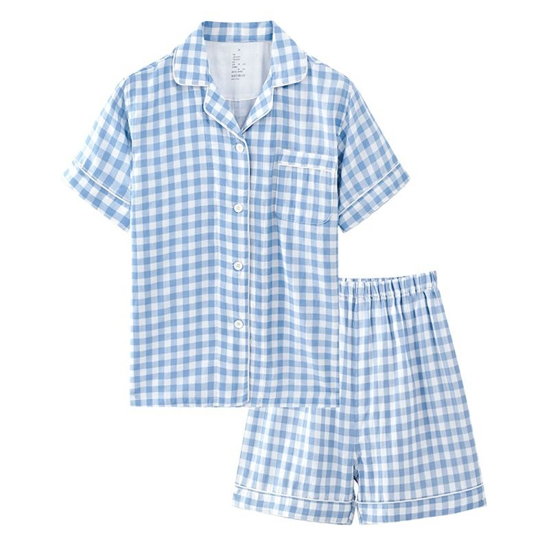 Japanese Cotton Pajama Suit Women Men Short Sleeve Women's navy blue polka view 2