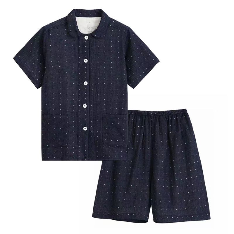 Japanese Cotton Pajama Suit Women Men Short Sleeve Women's navy blue polka