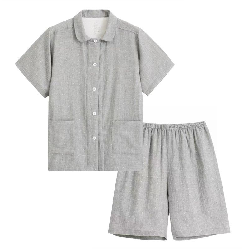 Japanese Cotton Pajama Suit Women Men Short Sleeve Women's Gray Poll Dot-Short
