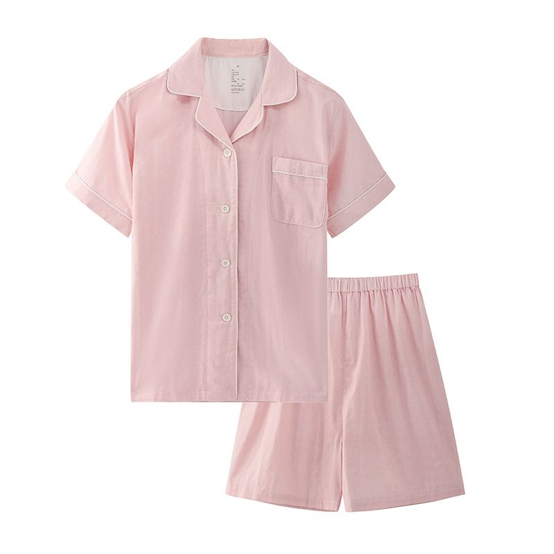 Japanese Cotton Pajama Suit Women Men Short Sleeve Women's Pink Dot-Short