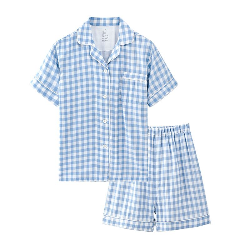 Japanese Cotton Pajama Suit Women Men Short Sleeve Women's Sky Blue-Short view 3