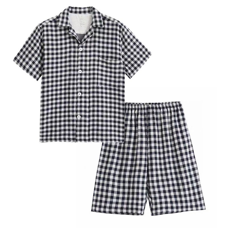 Japanese Cotton Pajama Suit Women Men Short Sleeve Men's Navy-short-sleeved shorts
