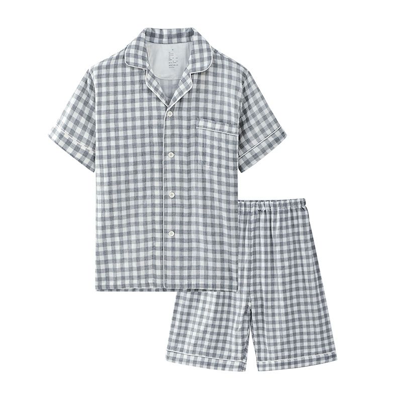 Japanese Cotton Pajama Suit Women Men Short Sleeve Men's Charcoal Gray-Short