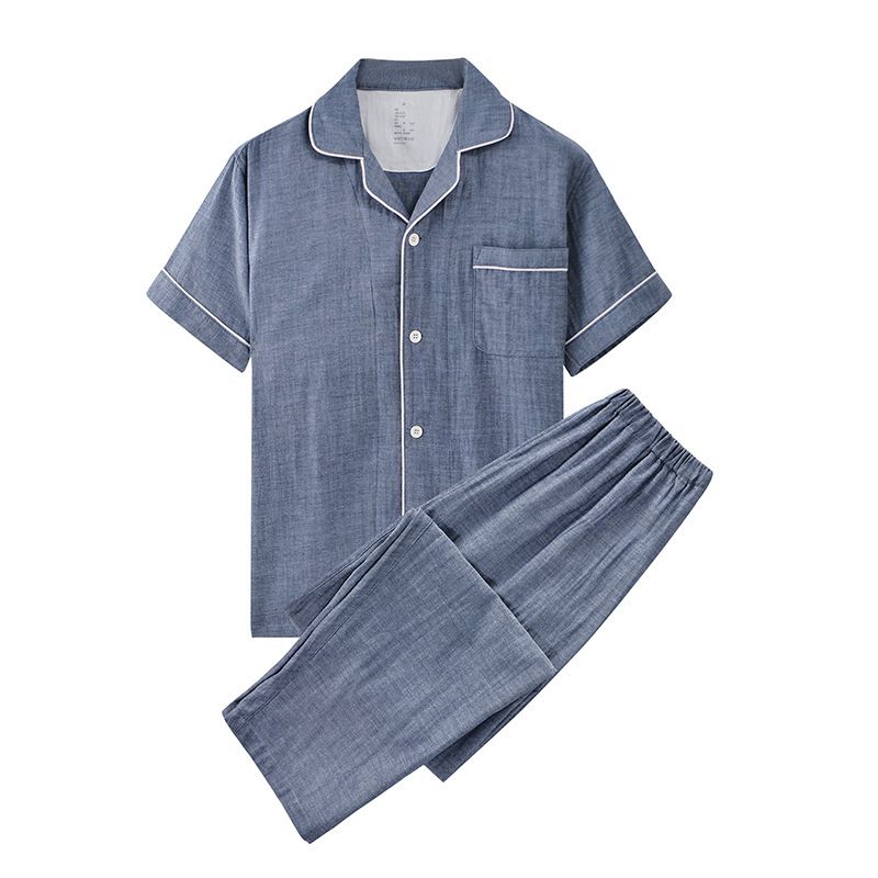 Japanese Cotton Pajama Suit Women Men Short Sleeve Men's denim blue solid
