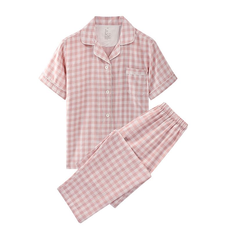 Japanese Cotton Pajama Suit Women Men Short Sleeve Women's Pink Pad-Short