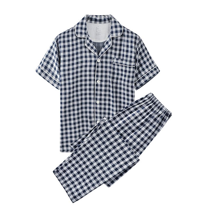Japanese Cotton Pajama Suit Women Men Short Sleeve Men's Navy Blue Pants-Short