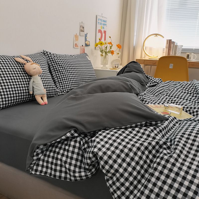 Qianjin Cotton Solid Color 4 Piece Bedding Set Black and White small grid ☆ — image 1