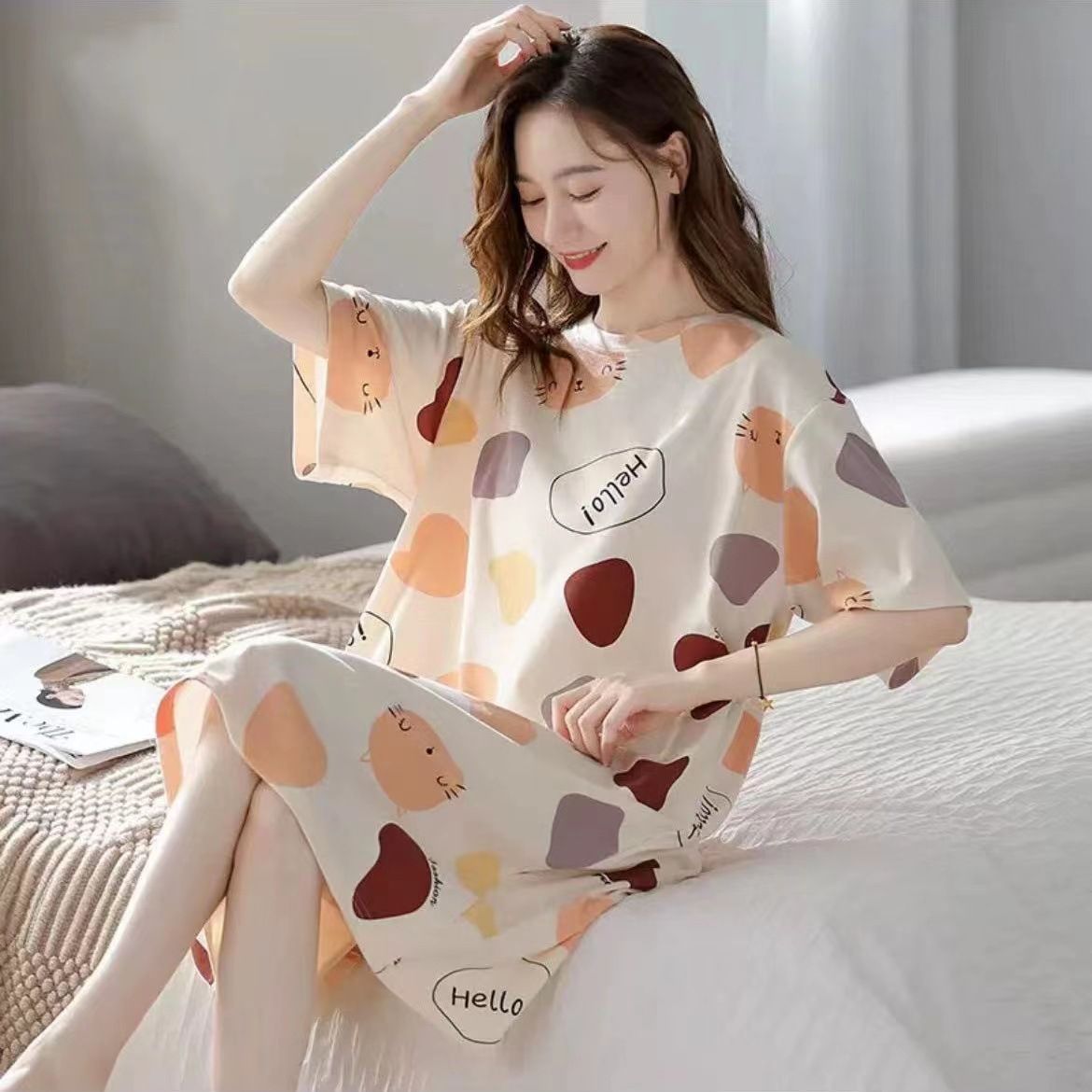 Women Summer Sleepwear Polyester Loose Dress Yellow 4XL