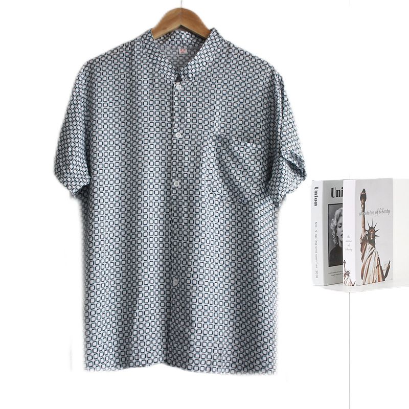 Men's Viscose Short Sleeve Stand Collar Cardigan Shirt 21 3XL