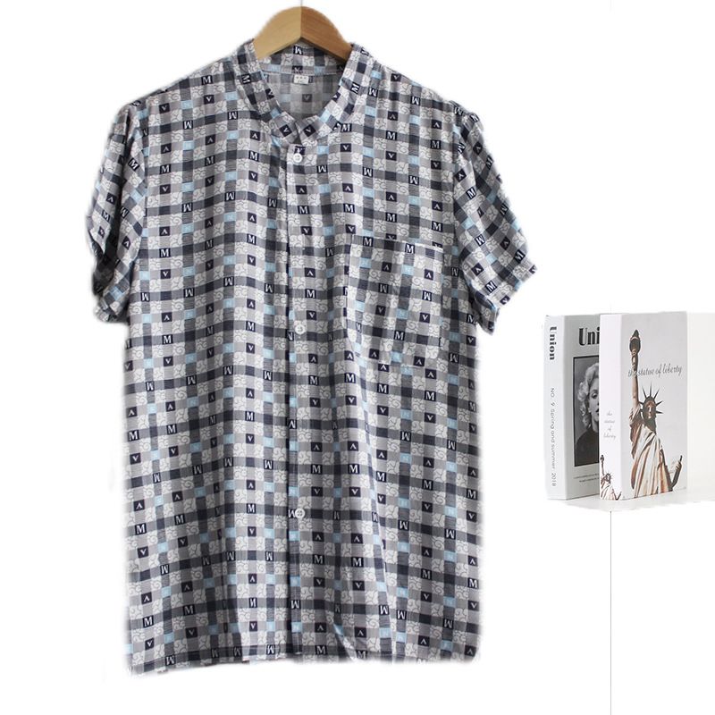 Men's Viscose Short Sleeve Stand Collar Cardigan Shirt 20 2XL