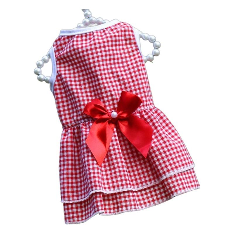 Plaid Dog Dress Bow Pet Clothing Polyester 230 Skirt Pink Blue Vertical Stripes view 2