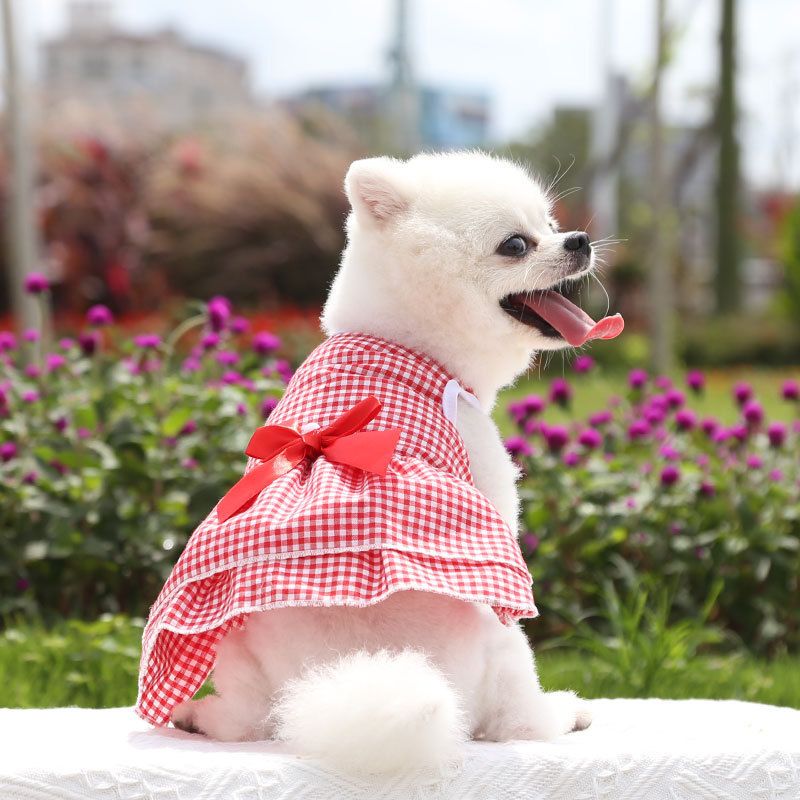 Plaid Dog Dress Bow Pet Clothing Polyester 230 Skirt Pink Blue Vertical Stripes view 6