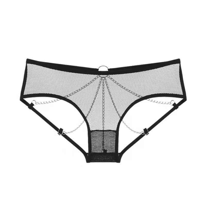 Women Polyester Open Crotch Panties with Chain Black All yards view 2